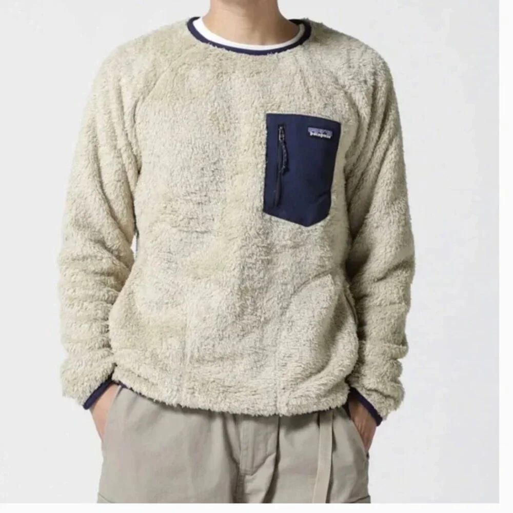 Patagonia Los Gatos Teddy High Pile Fleece Crew Neck Tan/Navy Size XS